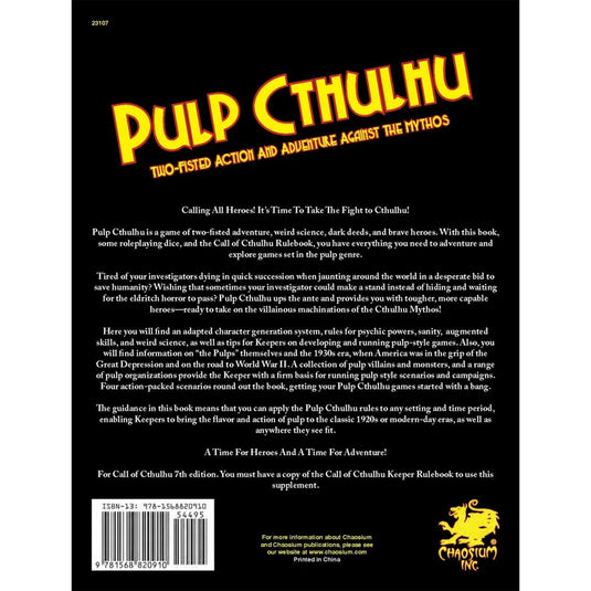 Call Of Cthulhu: Pulp Cthulhu Core Rulebook - back of book with book description and ISBN. 
