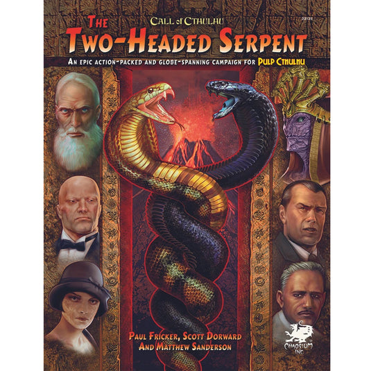 Call Of Cthulhu: Two Headed Serpent - front book cover featuring art of two serpents and character's faces.