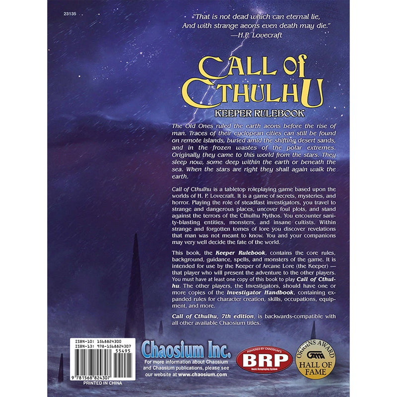 Load image into Gallery viewer, Back cover of Call of Cthulhu game book with book description and ISBN.
