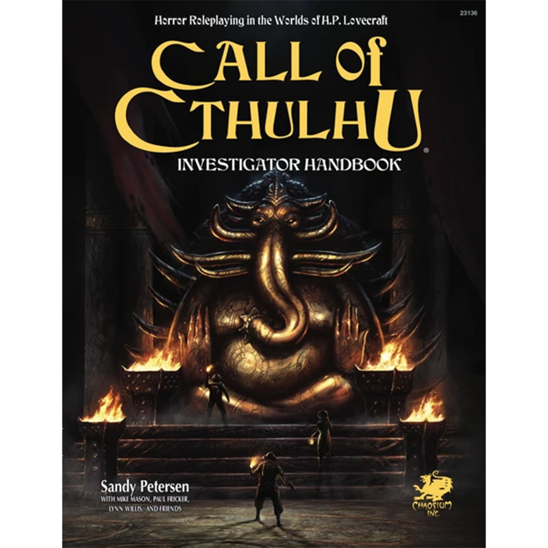Load image into Gallery viewer, Call Of Cthulhu 7th Edition Investigator Handbook - book cover featuring art of investigators in front of a giant statue. 
