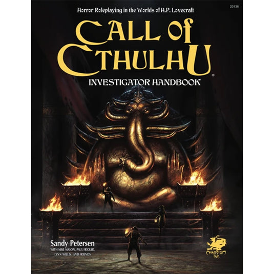 Call Of Cthulhu 7th Edition Investigator Handbook - book cover featuring art of investigators in front of a giant statue. 