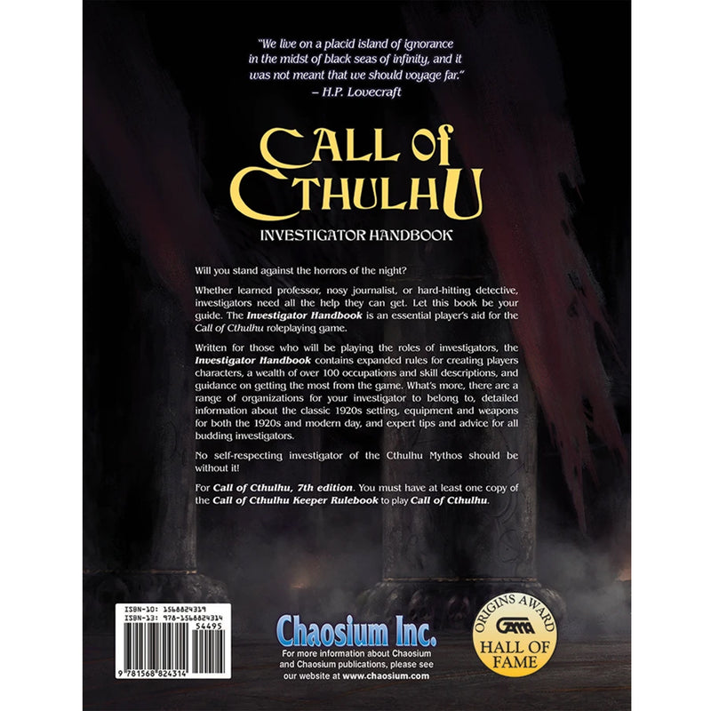 Load image into Gallery viewer, Call Of Cthulhu 7th Edition Investigator Handbook - back of book with book description and ISBN.
