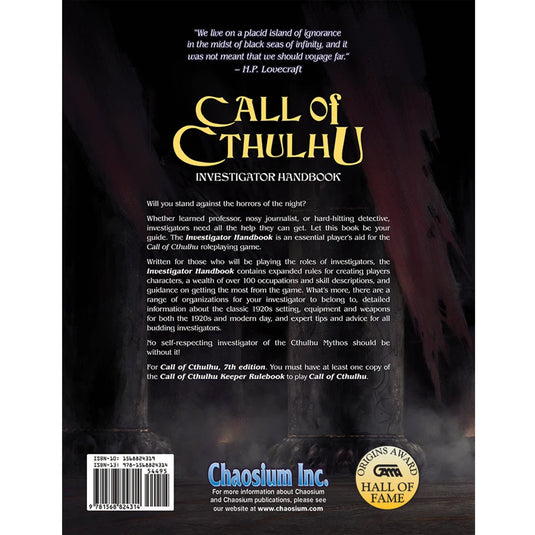 Call Of Cthulhu 7th Edition Investigator Handbook - back of book with book description and ISBN.