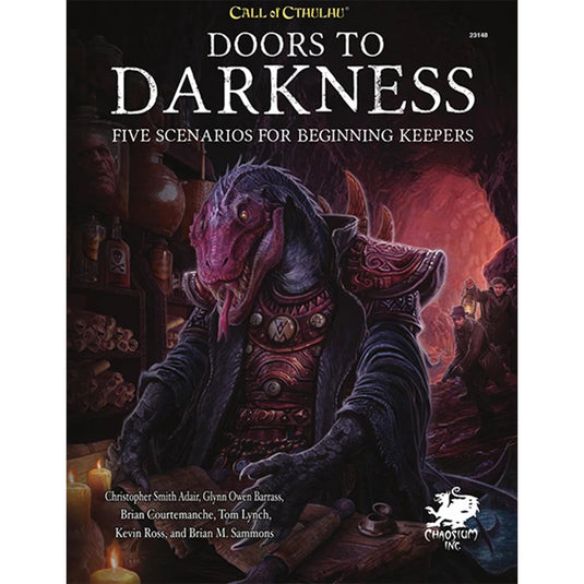 Call Of Cthulhu: Doors To Darkness - front book cover featuring art of a lizard creature. 