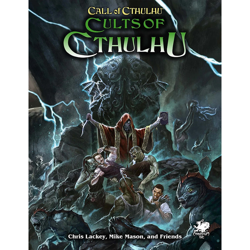 Load image into Gallery viewer, Call of Cthulhu: Cults of Cthulhu - front book cover featuring art of monsters, investigators, and cultists. 
