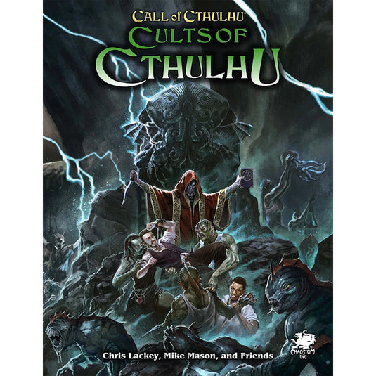 Call of Cthulhu: Cults of Cthulhu - front book cover featuring art of monsters, investigators, and cultists. 