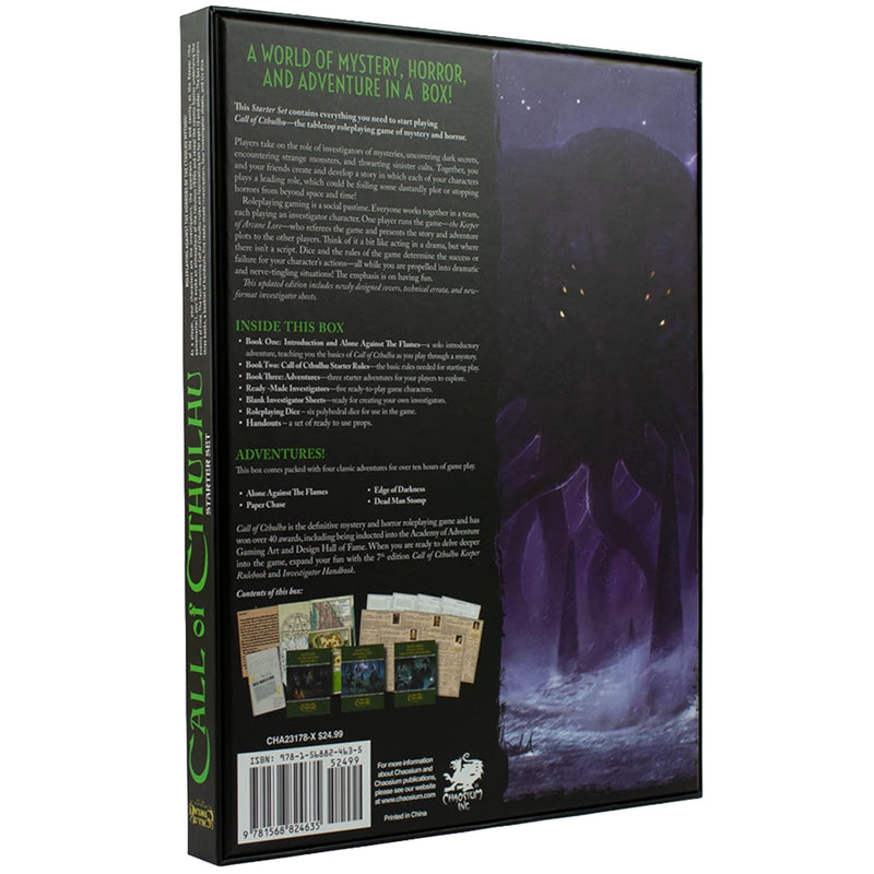 Load image into Gallery viewer, Call of Cthulhu: Starter Box Set, 7th Edition - back of packaging with overview, contents list, and images of game components. 

