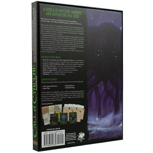 Call of Cthulhu: Starter Box Set, 7th Edition - back of packaging with overview, contents list, and images of game components. 