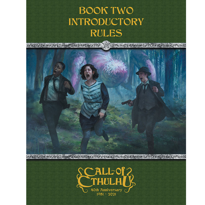 Load image into Gallery viewer, Call of Cthulhu: Starter Box Set, 7th Edition - view of 'Book Tow: Introductory Rules' cover featuring art of characters running away from a monster.
