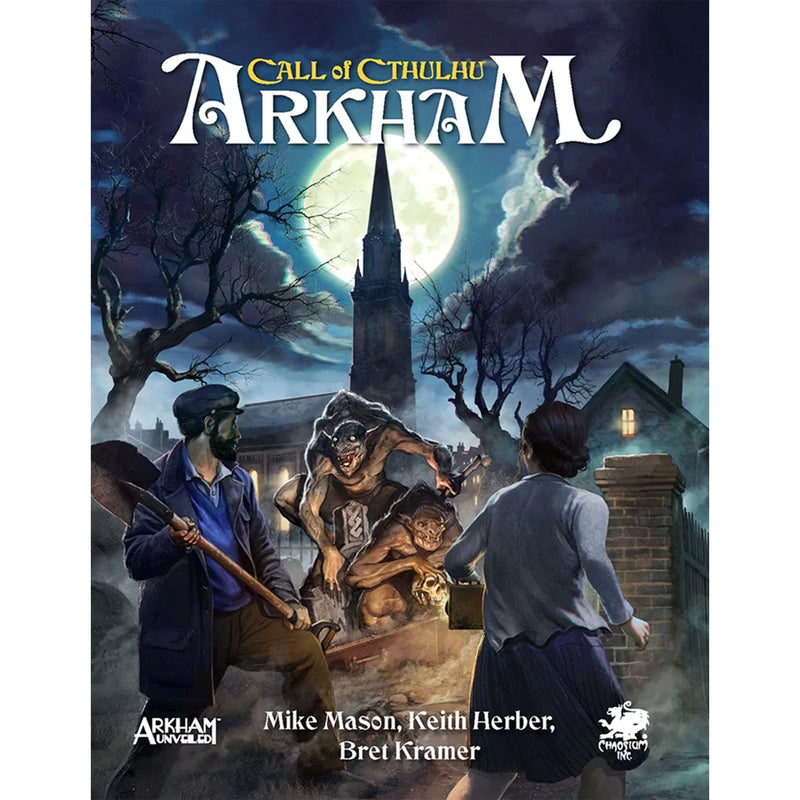 Load image into Gallery viewer, Call of Cthulhu: Arkham - front cover with art of characters and a creature in a dark, eerie setting.
