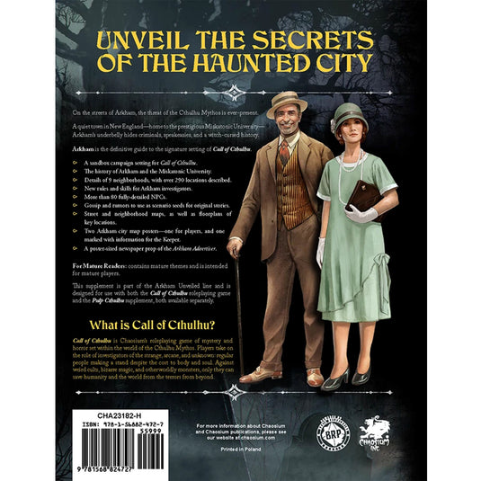 Call of Cthulhu: Arkham - back of book with overview, barcode, and art of two characters. 