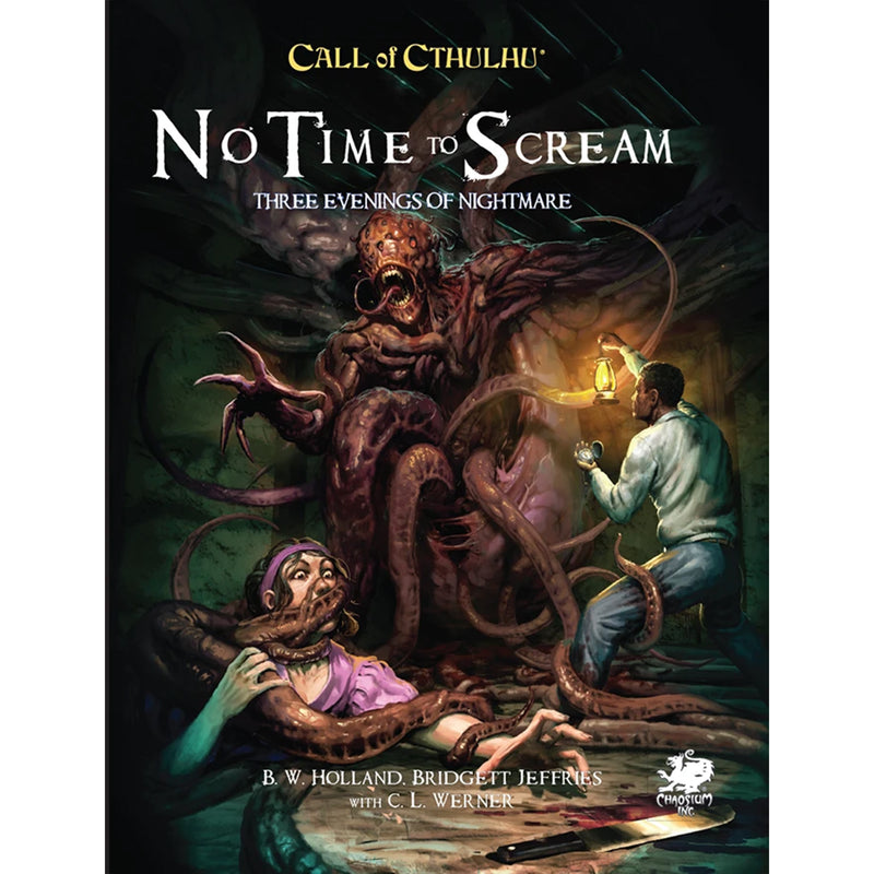 Load image into Gallery viewer, Call of Cthulhu: No Time To Scream - book cover featuring illustrations of a monster attacking tow people underground. 
