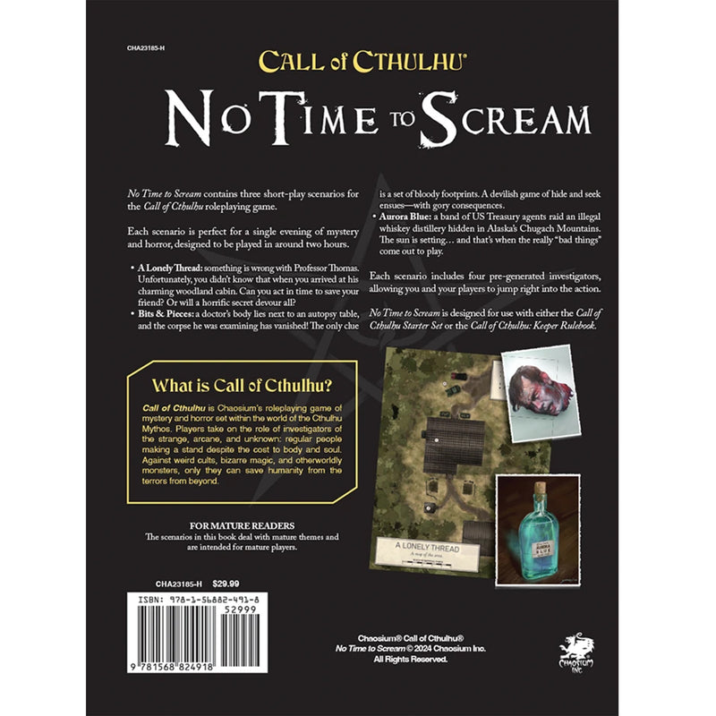 Load image into Gallery viewer, Call of Cthulhu: No Time To Scream - back of book with book description.
