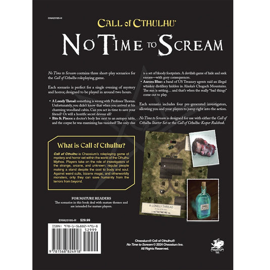 Call of Cthulhu: No Time To Scream - back of book with book description.