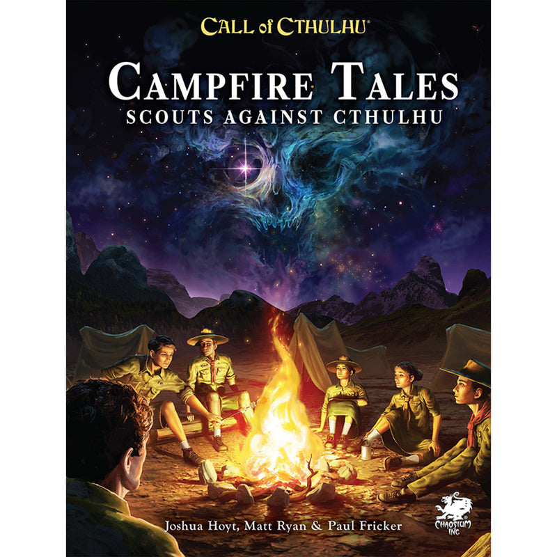 Load image into Gallery viewer, Call of Cthulhu: Campfire Tales - book cover featuring art of kids sitting around a campfire. 
