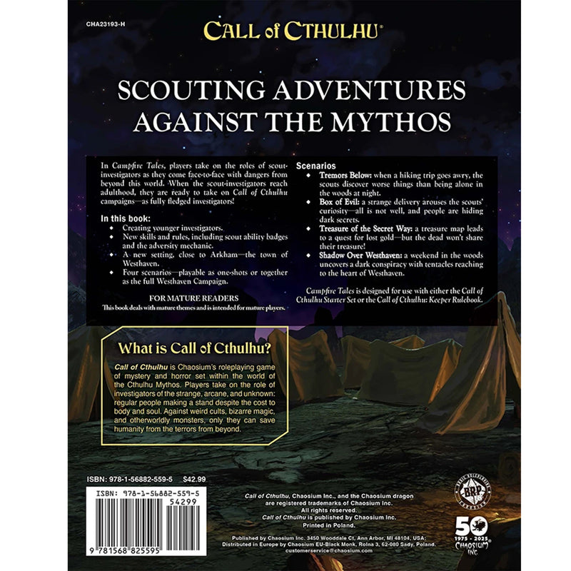 Load image into Gallery viewer, Call of Cthulhu: Campfire Tales - back of book with book description, scenarios list, and barcode. 
