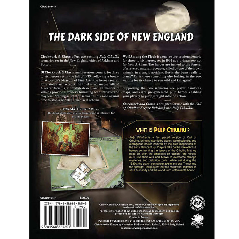 Load image into Gallery viewer, Call of Cthulhu: Pulp Cthulhu - Clockwork &amp; Claws - Back cover with game description and barcode.
