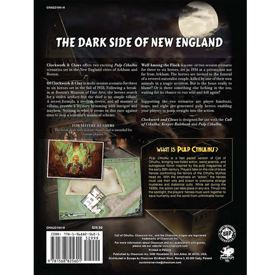 Call of Cthulhu: Pulp Cthulhu - Clockwork & Claws - Back cover with game description and barcode.