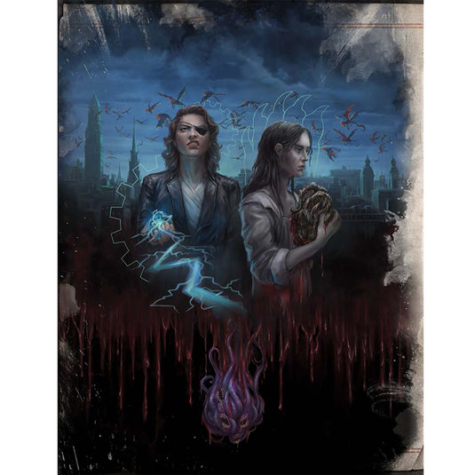 Call of Cthulhu: Pulp Cthulhu - Clockwork & Claws - Artwork of two people with a city scape and monsters in the background.