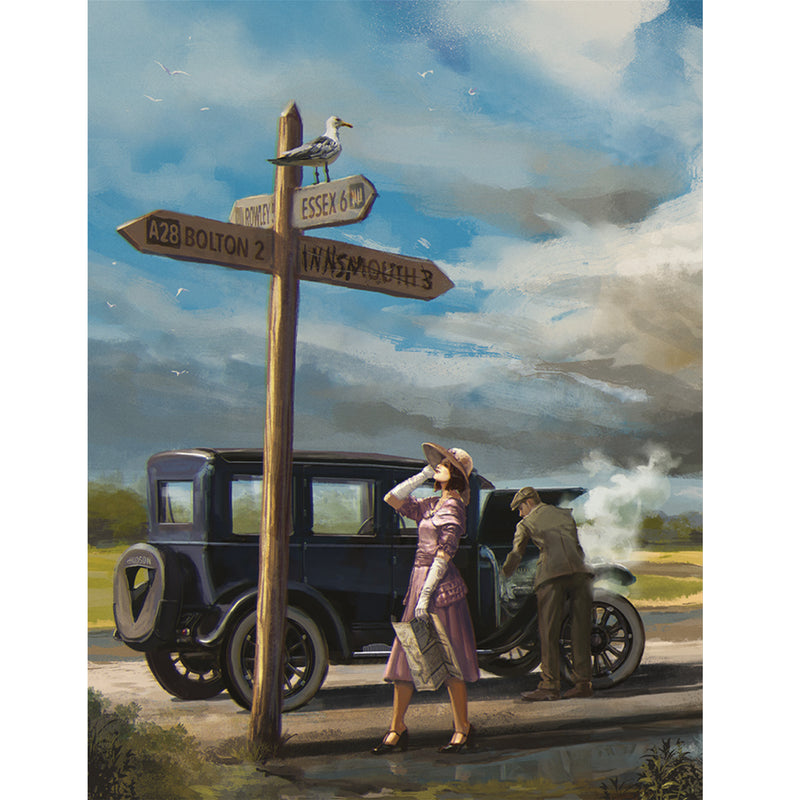 Load image into Gallery viewer, Call of Cthulhu: Innsmouth - Illustration of a man and woman with a broken car on a roadway.
