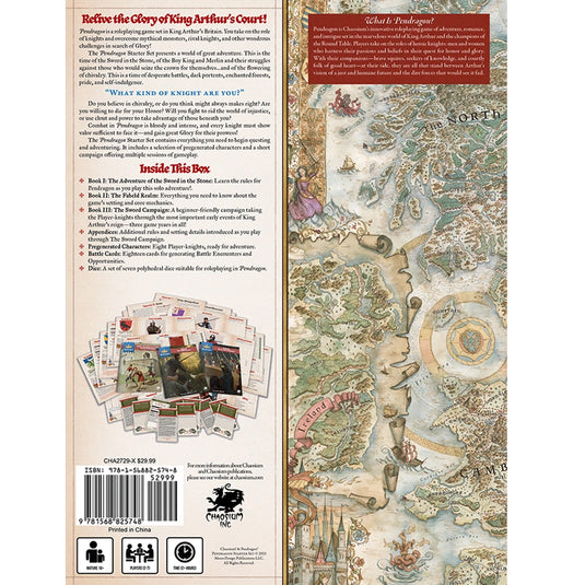 Pendragon: Starter Box Set - back of box with overview, contents list, and images of including components. 