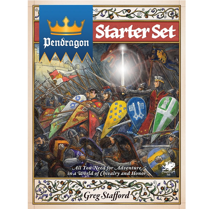 Load image into Gallery viewer, Pendragon: Starter Box Set - front of box featuring art of knights on a battlefield. 
