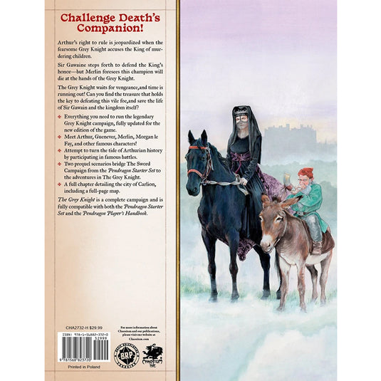 Pendragon: The Grey Knight - back of book with overview and art of a woman on horseback. 