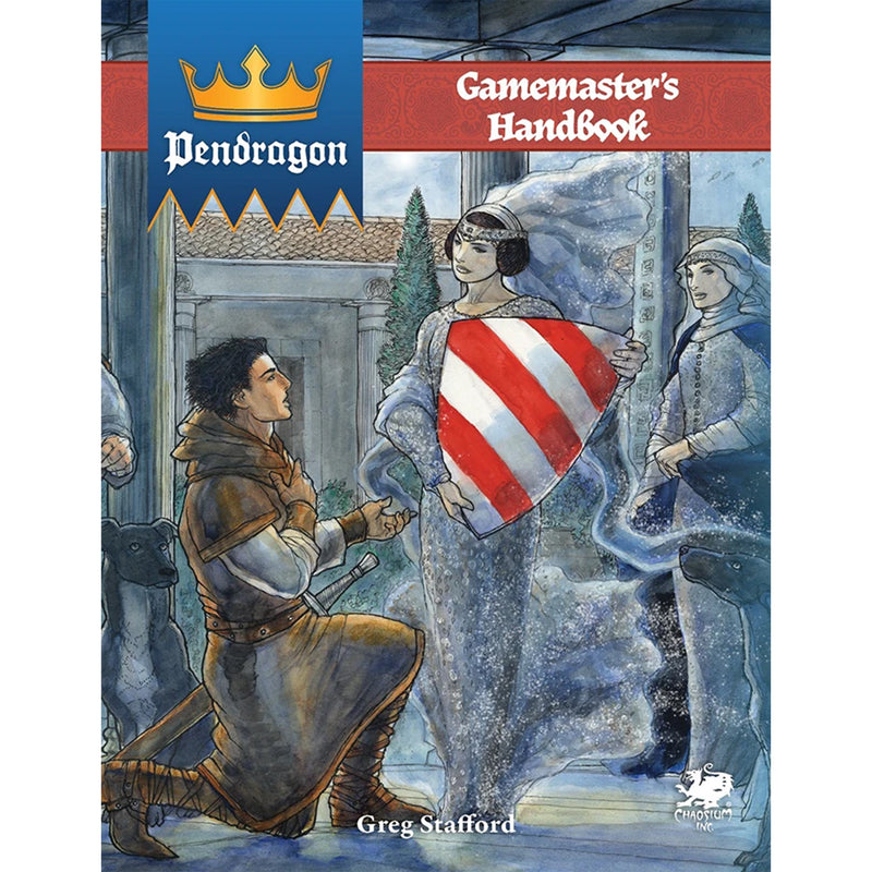 Load image into Gallery viewer, Pendragon: GameMaster's Handbook - front book cover featuring art of a woman holding a shield and a knight kneeling. 
