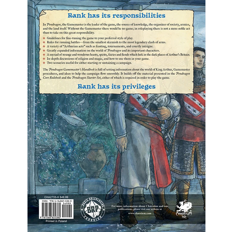 Load image into Gallery viewer, Pendragon: GameMaster's Handbook - back of book with book description and barcode. 
