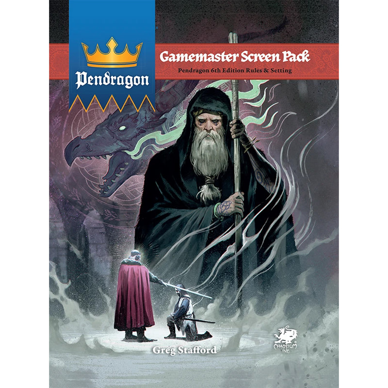 Load image into Gallery viewer, Pendragon Gamemaster Screen Pack book cover with a wizard and dragon illustration.
