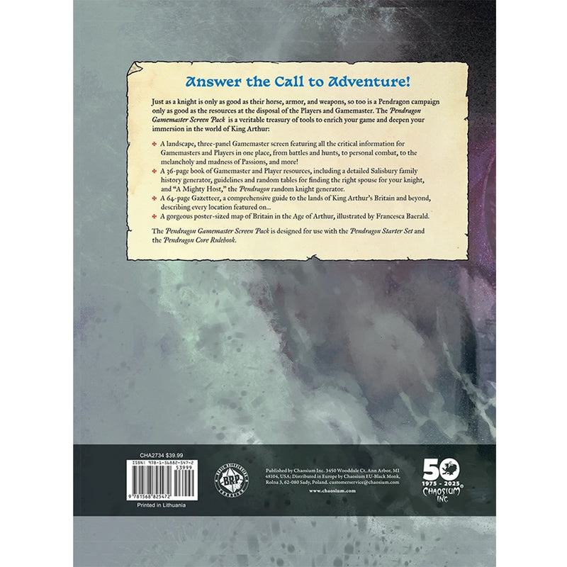 Load image into Gallery viewer, Pendragon: GameMaster Screen Pack - back cover with book description and ISBN.
