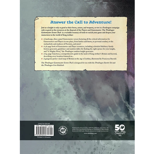 Pendragon: GameMaster Screen Pack - back cover with book description and ISBN.