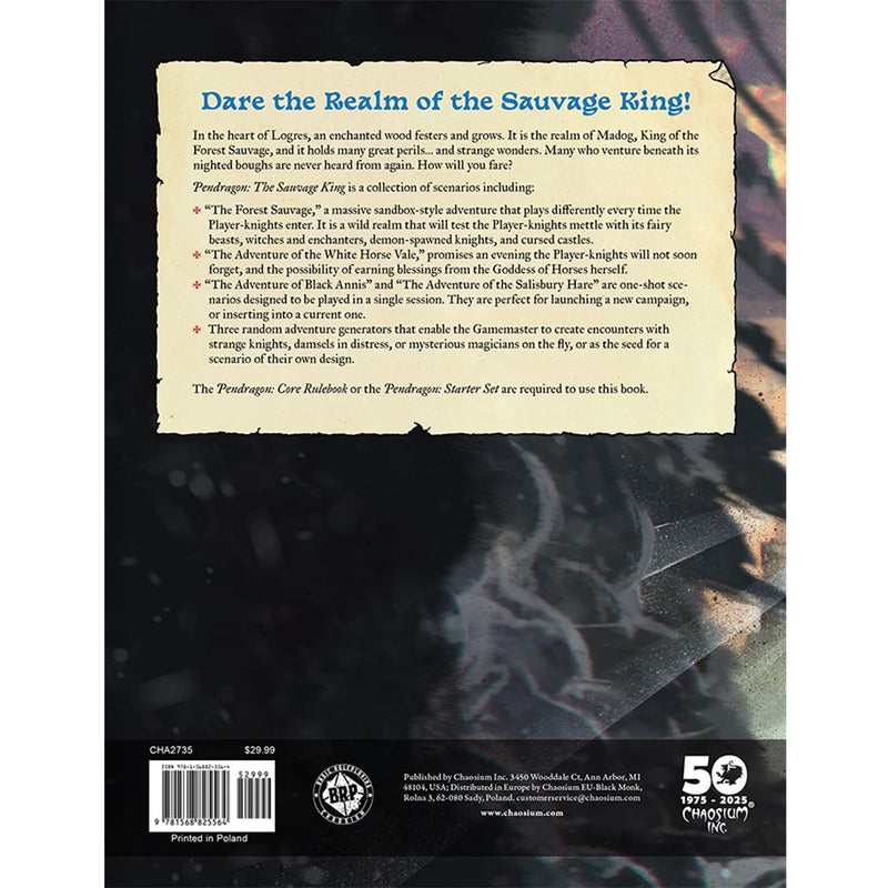 Load image into Gallery viewer, Pendragon: The Sauvage King - back of book with book description and barcode. 
