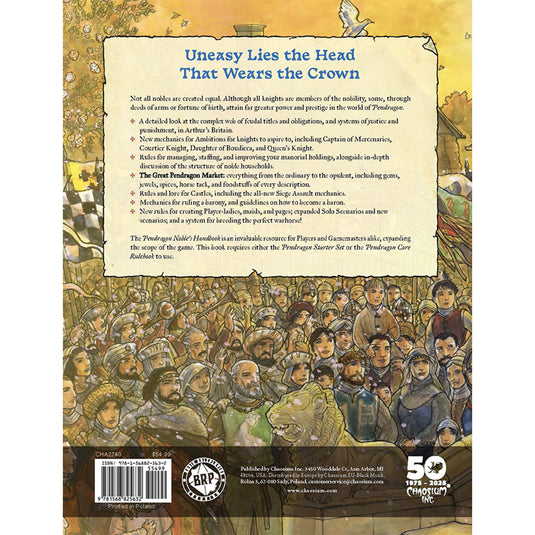 Pendragon Noble's Handbook - Back of book with game description, barcode, and art of a crowd of people in a medieval setting. 