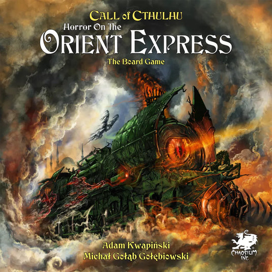 Horror on the Orient Express: The Board Game - Front of box featuring spooky art of a green train surrounded by steam.