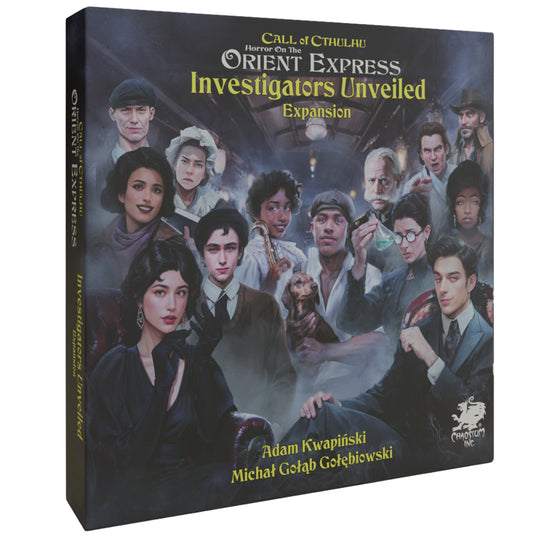 Horror on the Orient Express: The Board Game - Investigators Unveiled Expansion - Front of box featuring art of variety of characters in a train car.