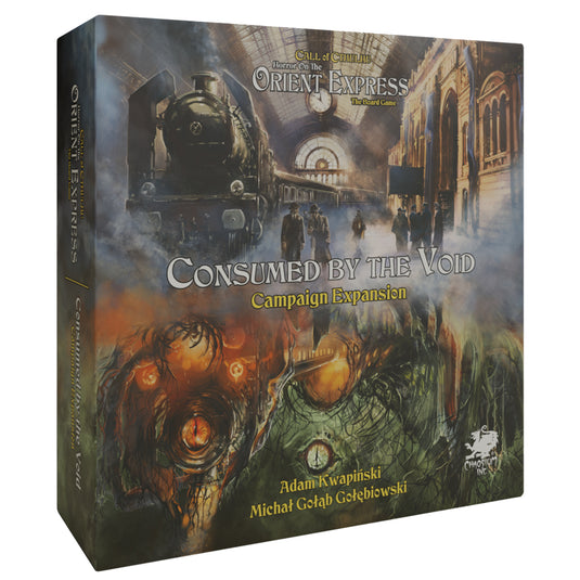 Horror on the Orient Express: The Board Game - Consumed by the Void Campaign Expansion - Front of box with art of trans station. 