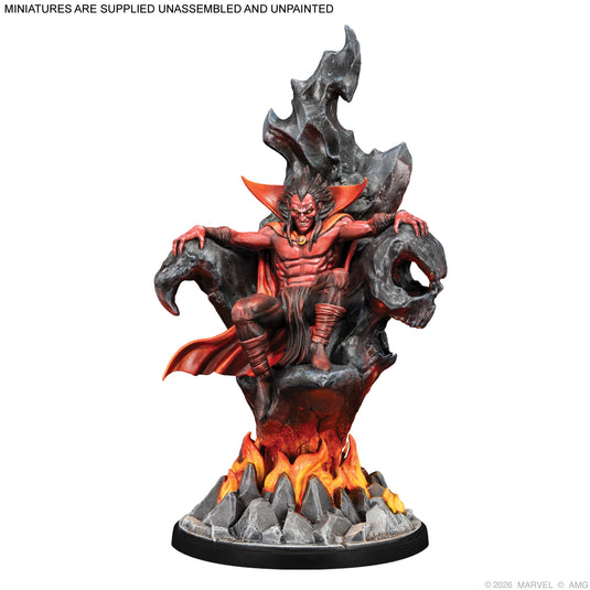 Marvel: Crisis Protocol – Mephisto Convention Exclusive - Mephisto miniature shown with note that miniatures are supplied unassembled and unpainted. 