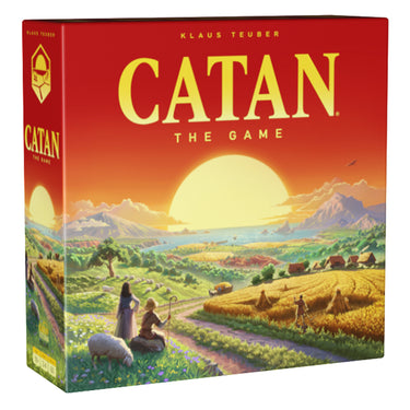 CATAN® – The Game (6th Edition) front of box with art of farmland and setting sun.