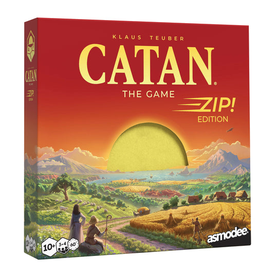 CATAN – Zip! Board Game - front of box featuring art of farmland and setting sun.