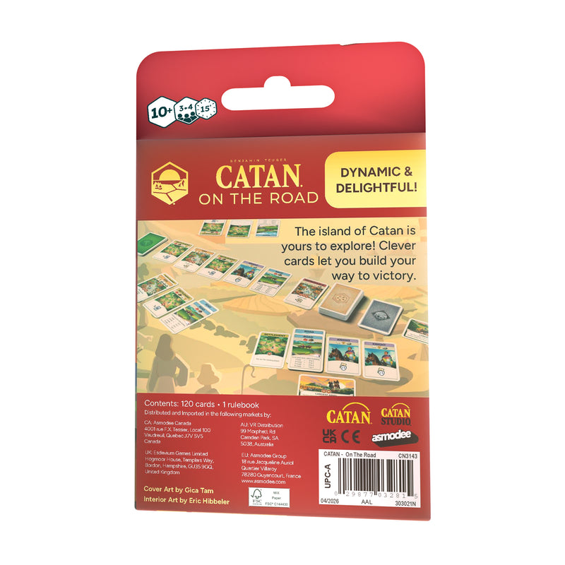 Load image into Gallery viewer, Card game packaging for 'Catan on the Road' with text and images of cards.
