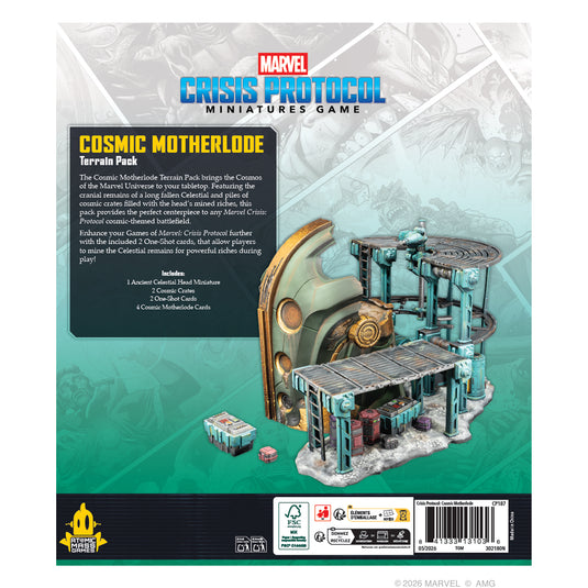 Marvel: Crisis Protocol – Cosmic Motherlode Terrain Pack - Back of box with overview, contents list, and image of terrain miniature. 