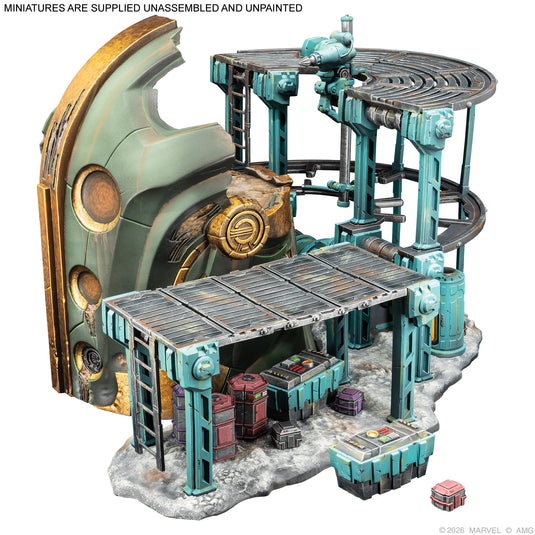 Marvel: Crisis Protocol – Cosmic Motherlode Terrain Pack - Assembled and painted Motherlode Terrain miniature displayed with note that miniatures are supplied unassembled and unpainted. 