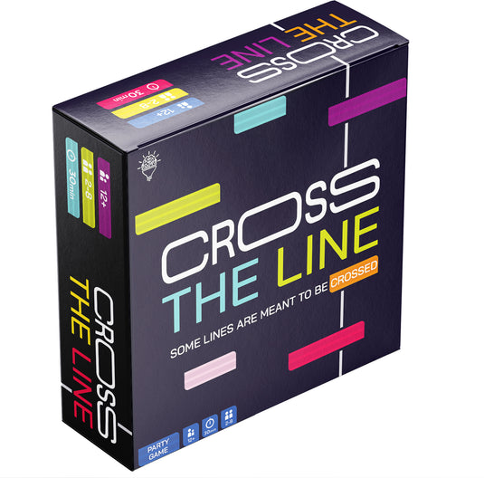 Cross The Line Part Game - front of box with geometric design. Box indicates it is for ages 12+ and 2 to 8 players.