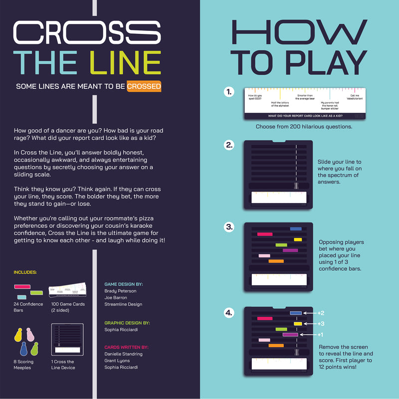 Load image into Gallery viewer, Cross The Line Part Game - back of box with game overview, components list, and how to play guide. 
