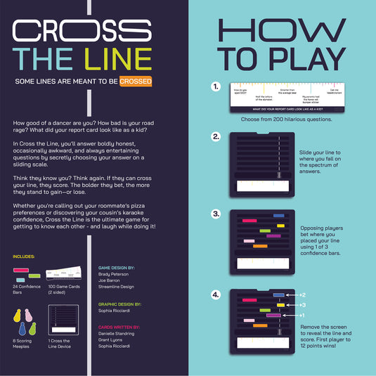 Cross The Line Part Game - back of box with game overview, components list, and how to play guide. 