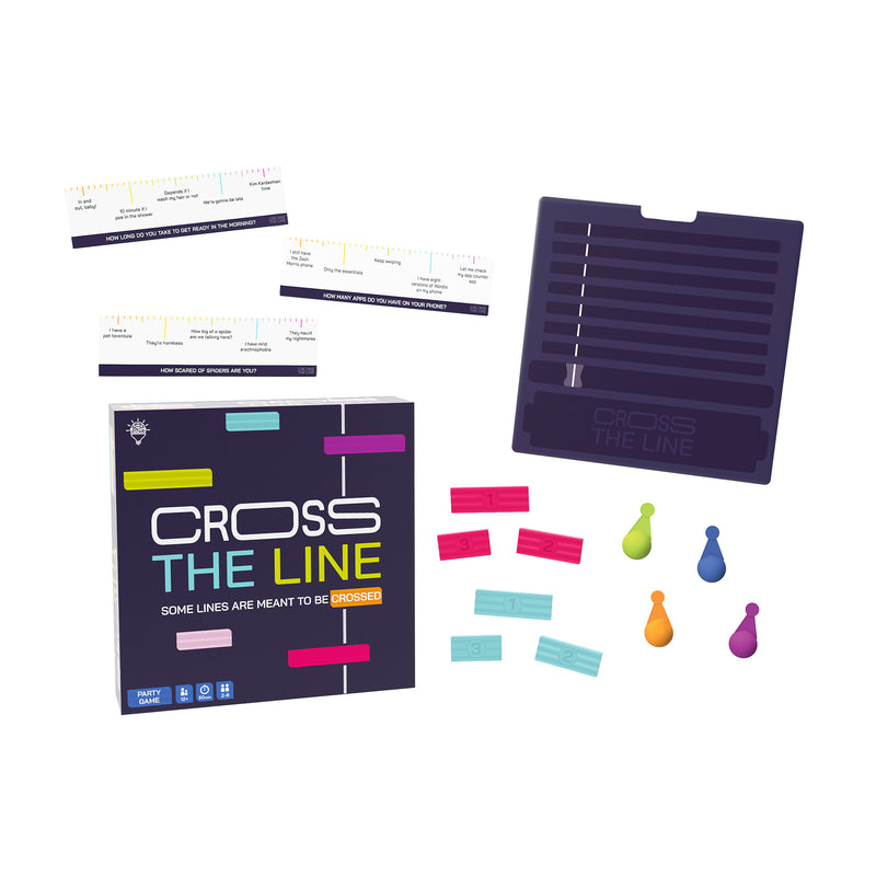 Load image into Gallery viewer, Cross The Line Part Game - box and components shown including cross the line board, confidence bars, scoring meeples and game cards.
