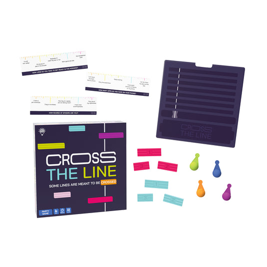 Cross The Line Part Game - box and components shown including cross the line board, confidence bars, scoring meeples and game cards.