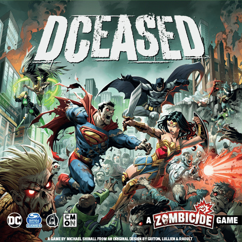 Load image into Gallery viewer, DCeased Board Game - Front of box featuring art of DC super Heroes fighting zombies. 
