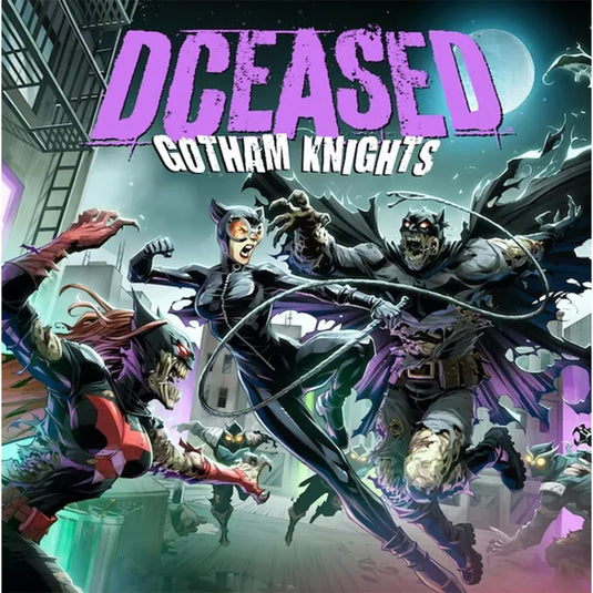 DCeased: Gotham Knights Board Game Expansion - Front of box with art of Cat Woman fighting a zombie Bat Man. 